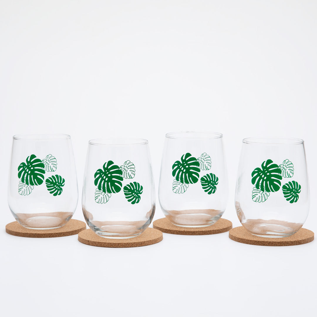 Monstera Stemless Wine Glass Gift Set of 4 - Counter Couture