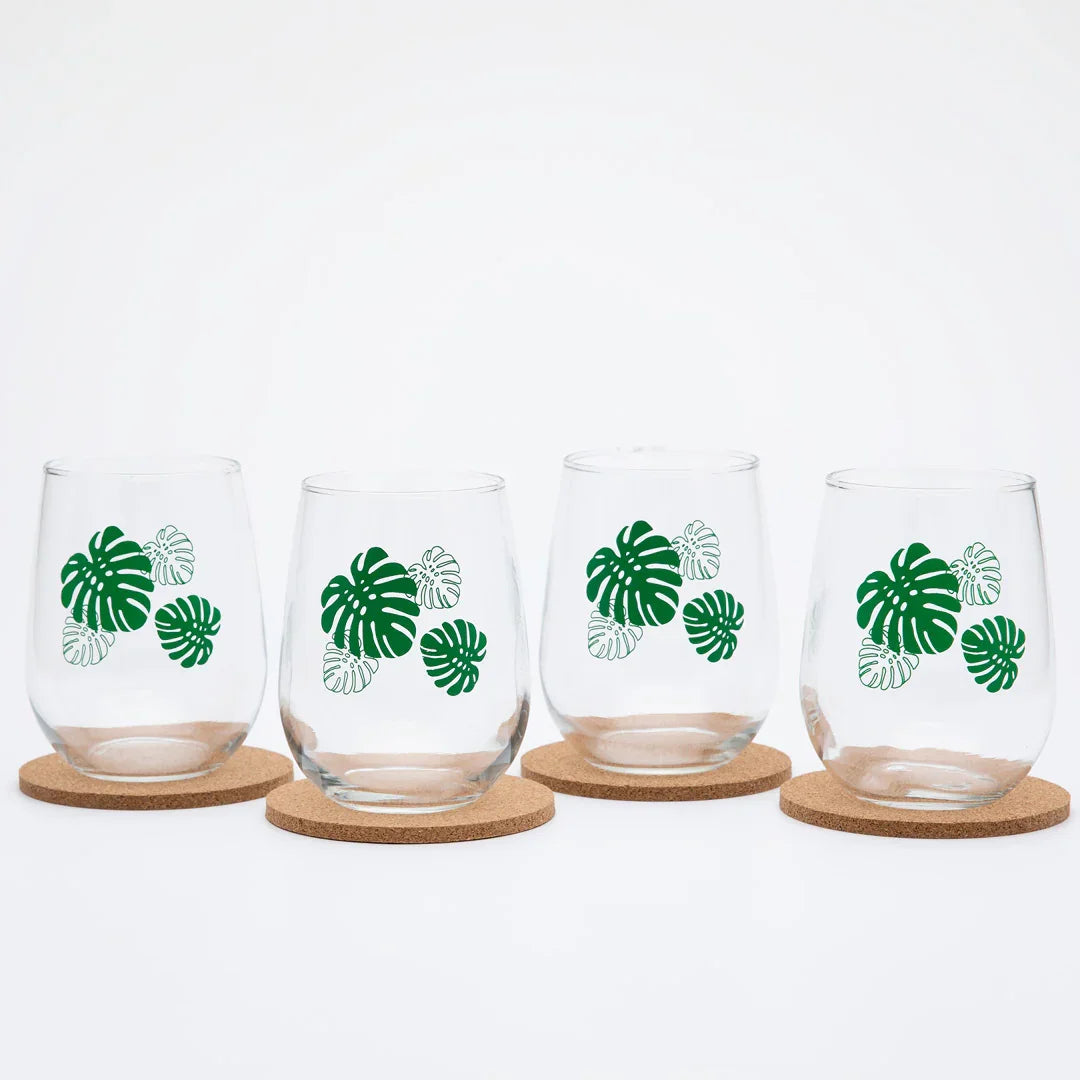 Monstera Stemless Wine Glass - 17oz Glass - Dishwasher Safe - Counter Couture