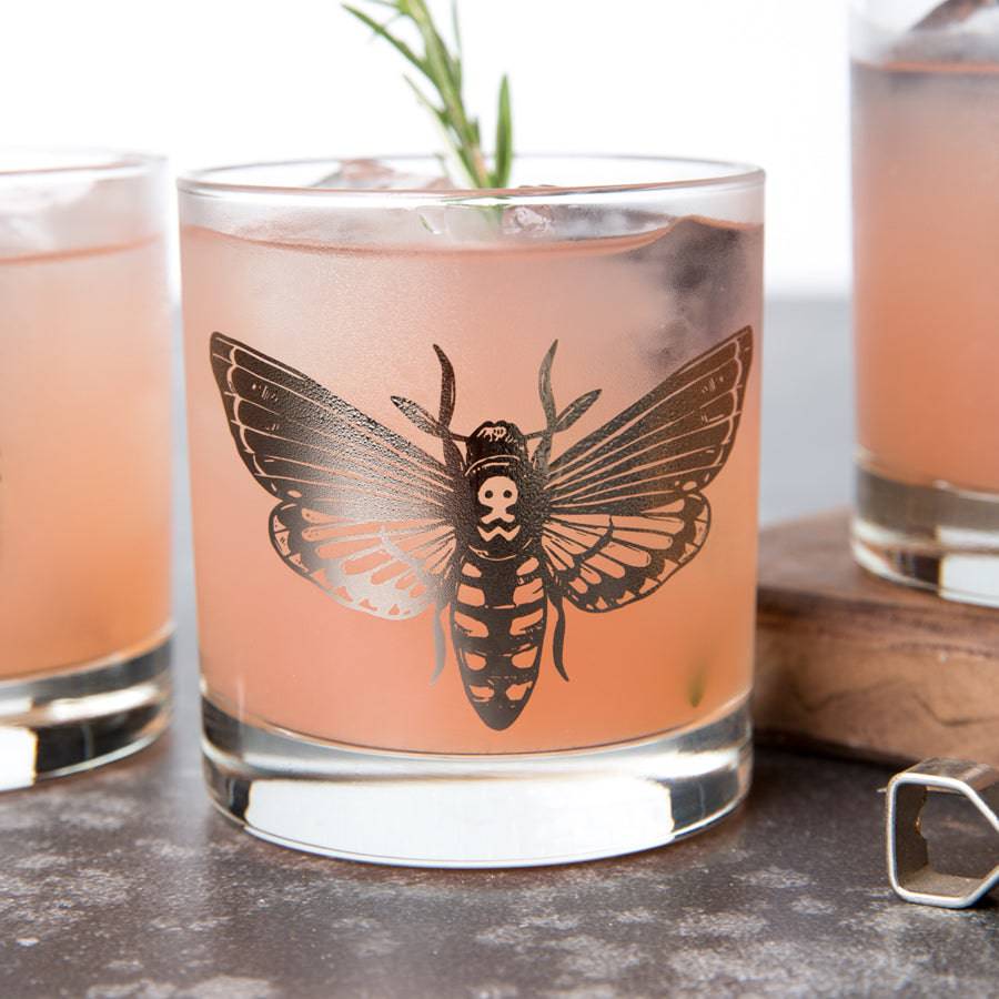 Macabre Whiskey Tumbler Set of 4 Silver Moth- Counter Couture