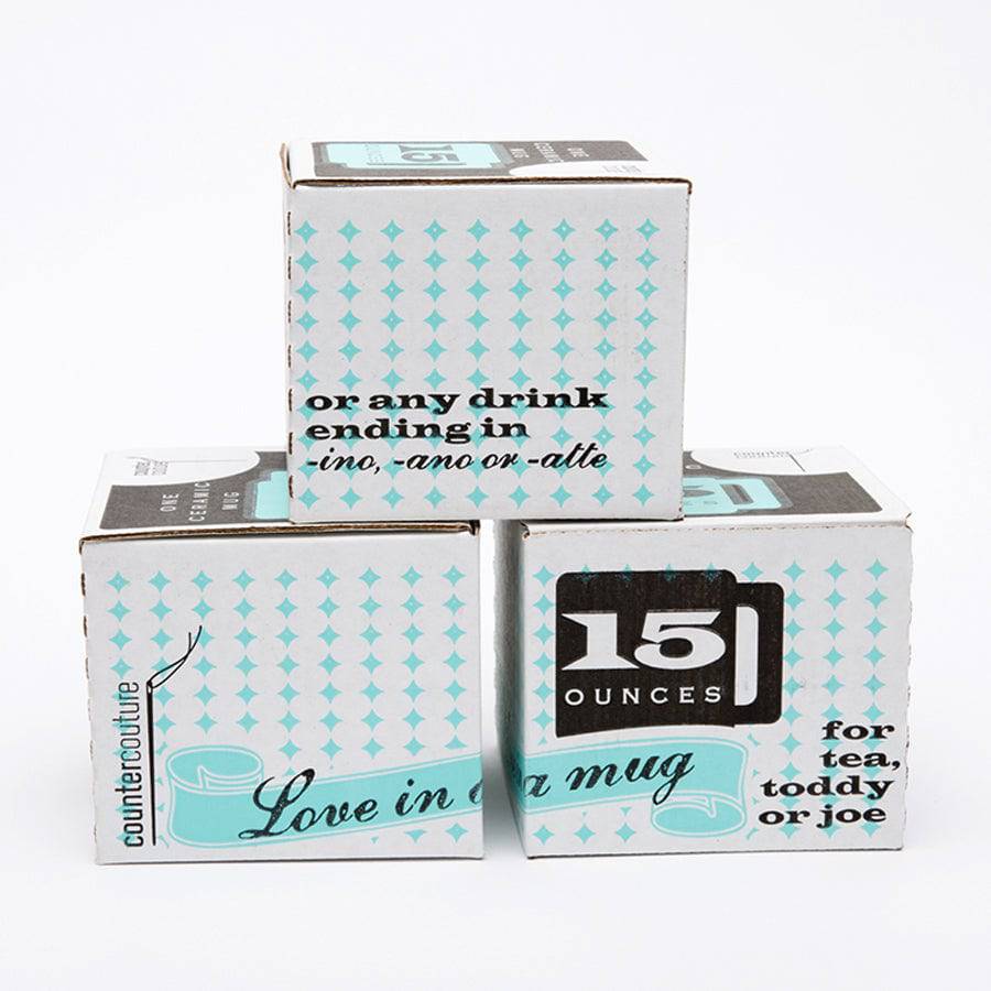Stacked mug boxes with retro pattern, 15 ounce capacity, for tea, coffee, or lattes.