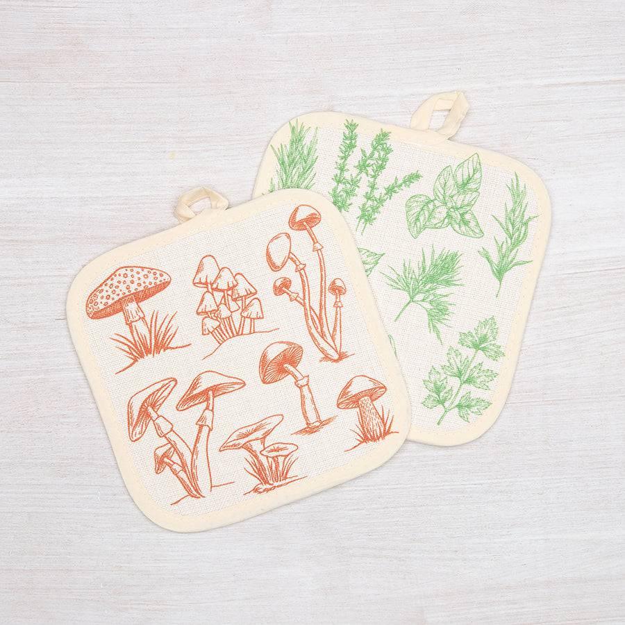 Herb + Mushroom Potholder Set - Heat Resistant, Machine Washable, Unique Kitchen Gift 8”x8” - Counter Couture