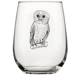 Clear stemless wine glass with a detailed etched owl illustration