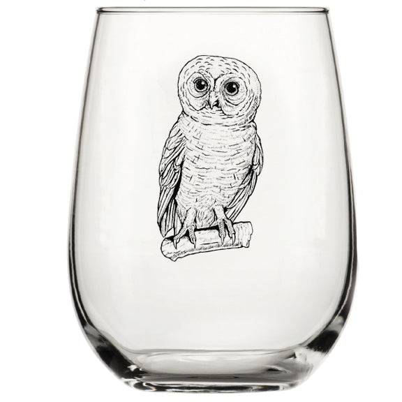 Clear stemless wine glass with a detailed etched owl illustration