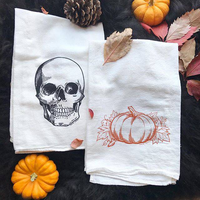 Skull and Pumpkin Flour Sack Towel Set - Set of 2 - Eco-friendly, Hand- Drawn - Counter Couture