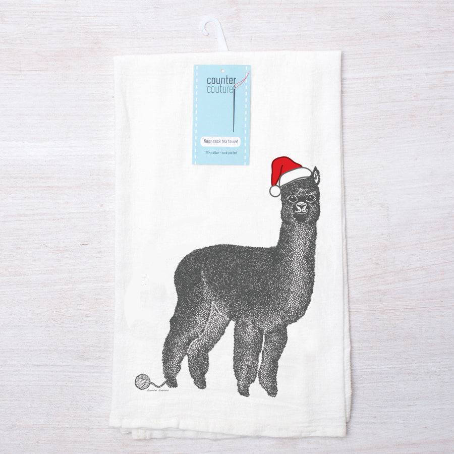 Santa Alpaca Flour Sack Towel - Eco-Friendly, Hand-Drawn - Counter Couture