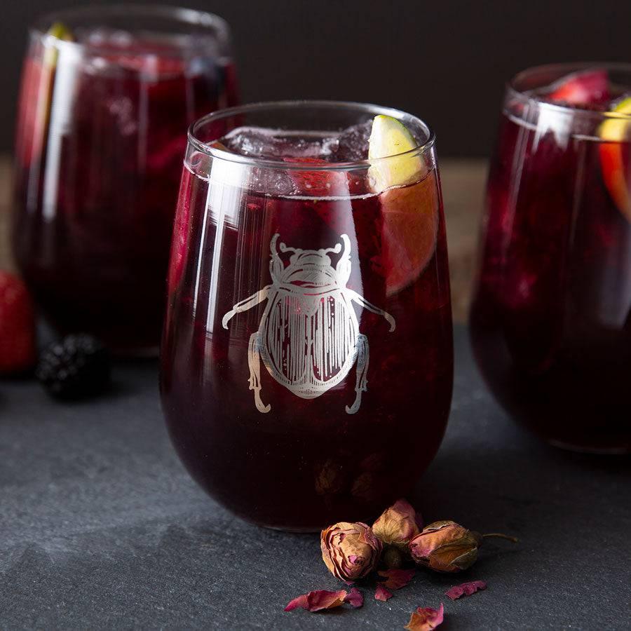 Scarab Beetle Stemless Wine Glass - 17 oz Glass - Platinum Silver Finish - Counter Couture