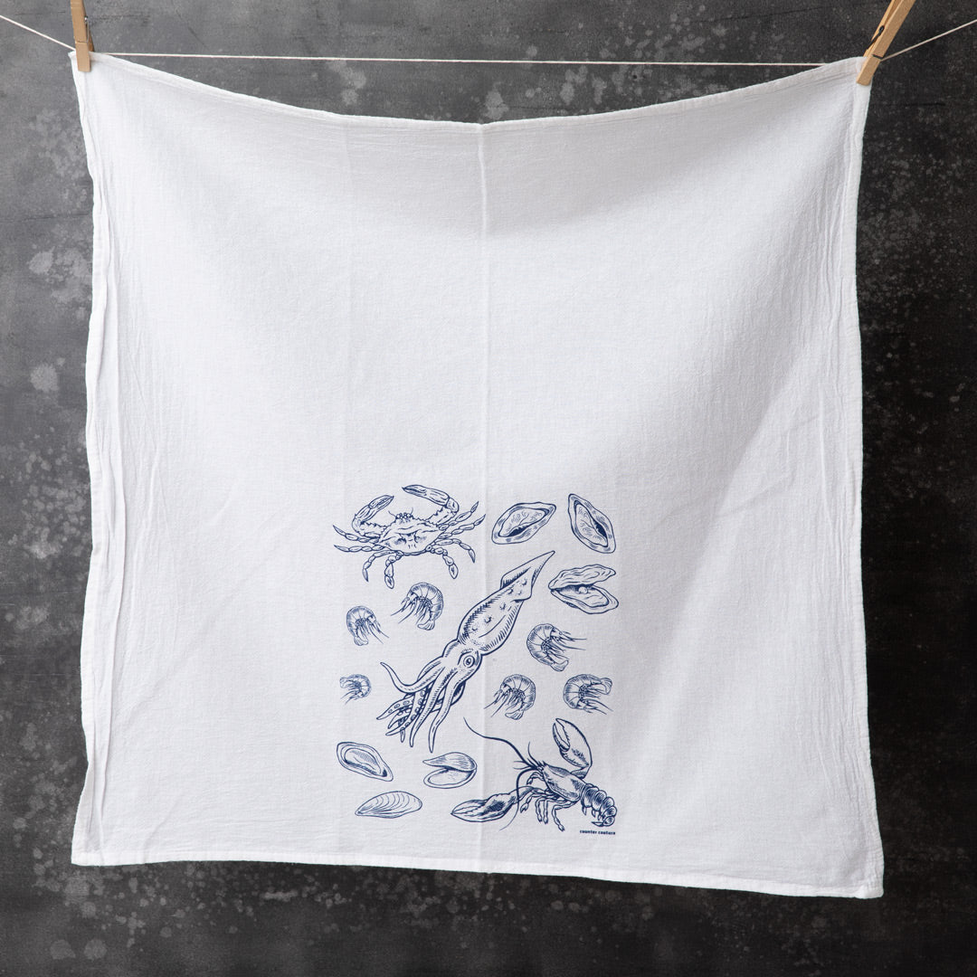 Seafood Flour Sack Towel - Eco-Friendly, Hand-Drawn - Counter Couture