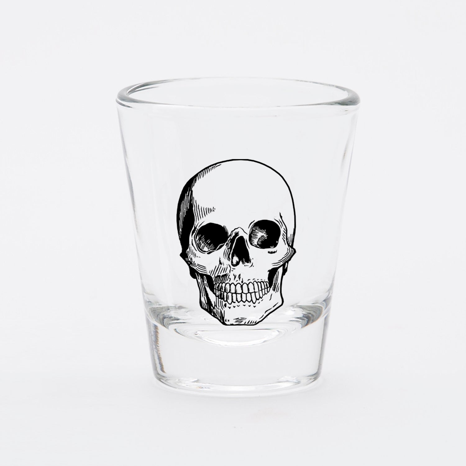 Clear shot glass with black skull illustration, unique barware gift