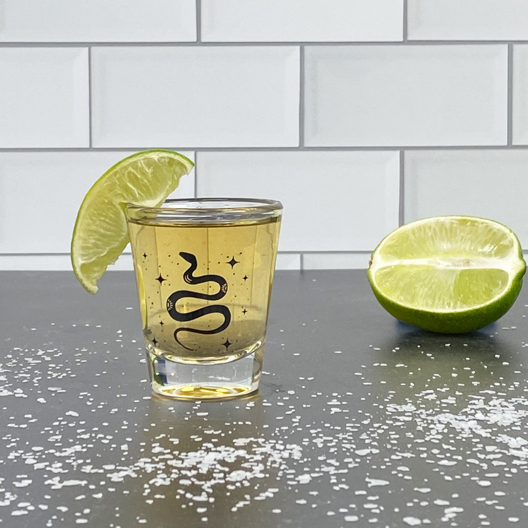 Snake shot glass with tequila, lime wedge garnish, sliced lime and salt on countertop